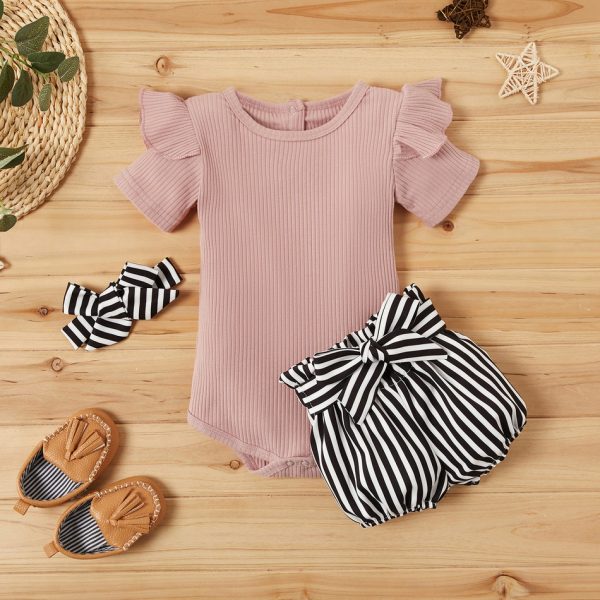 3-piece Short-sleeve Bodysuit and Striped Shorts Set